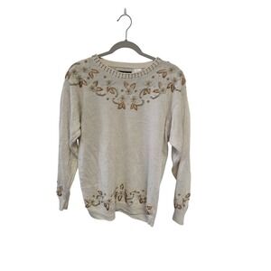 Vintage 90s Dana Scott Cream Beaded Floral Long‎ Sleeve Knit Sweater Women's M